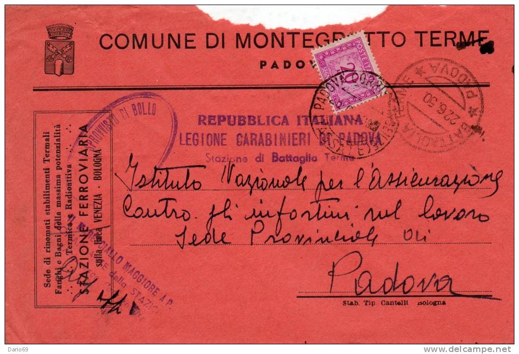 1950  SEGNATASSE LETTERA CON ANNULLO BATTAGLIE TERME  PADOVA - Taxe