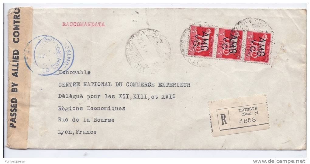 Lettre De Trieste 22 3 46 Recommandée Pour Lyon Avec Censure Alliée - Marcofilía