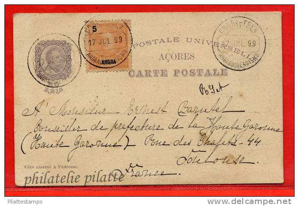 ANGRA ENTIER POSTAL 20 REIS DE 1899 POUR TOULOUSE FRANCE - Angra