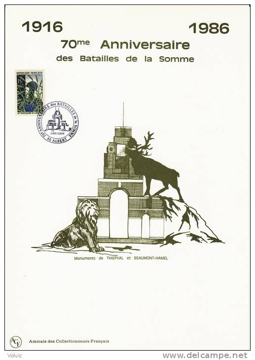 - Feuillet Souvenir 70° Anniversaire Des Batailles De La Somme - ALBERT - 1986 - - Souvenir Blocks & Sheetlets