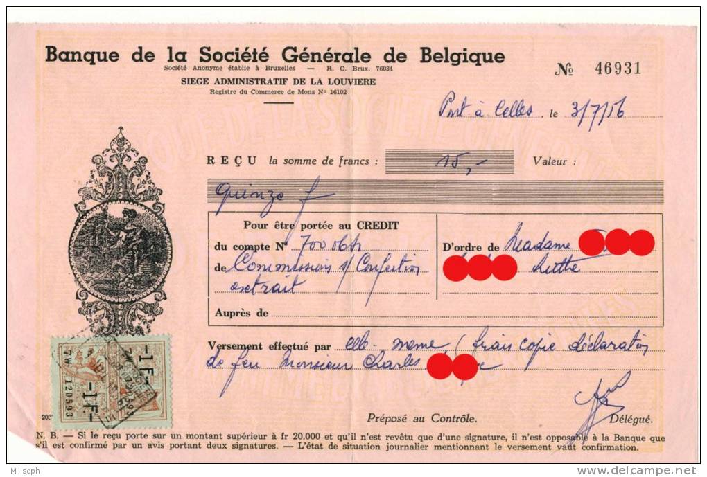 Reçu De La Banque De La Société Générale De Belgique - Pont-à-Celles - 1956 - Timbre Fiscal   (2354) - Documentos