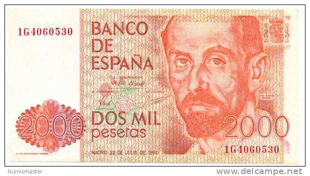 SPAIN 2000 PESETAS 22.7.1980 , UNC , P-159 - [ 4] 1975-… : Juan Carlos I