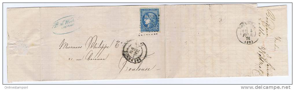 France: Yv  45 C Type 2 Rep 3,1871,  GC2032 Bordeaux A Toulouse  Cote &euro; 90 - 1849-1876: Période Classique