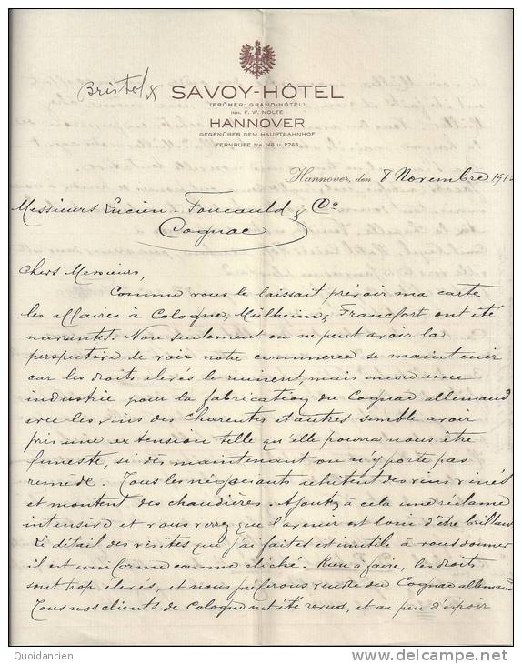 Belle Lettre  Recto  Verso 08/11/1910  -  HANNOVER  ( Hanovre ) Allemagne  -  SAVOY  HOTEL -  à Mr  L.  FOUCAULD - 1900 – 1949