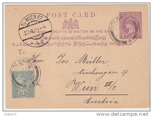 1908 Ceylon Postal Card Sent To Wien, Austria.  Colombo. (H235c001) - Ceylan (...-1947)