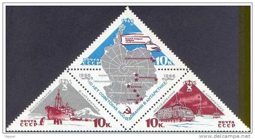 Polar 1966 USSR MNH 3 Stamps Mi 3181-83Zf  10th Anniversary Of Antarctic Reseach Snow Vehicle And Research Station - Research Stations