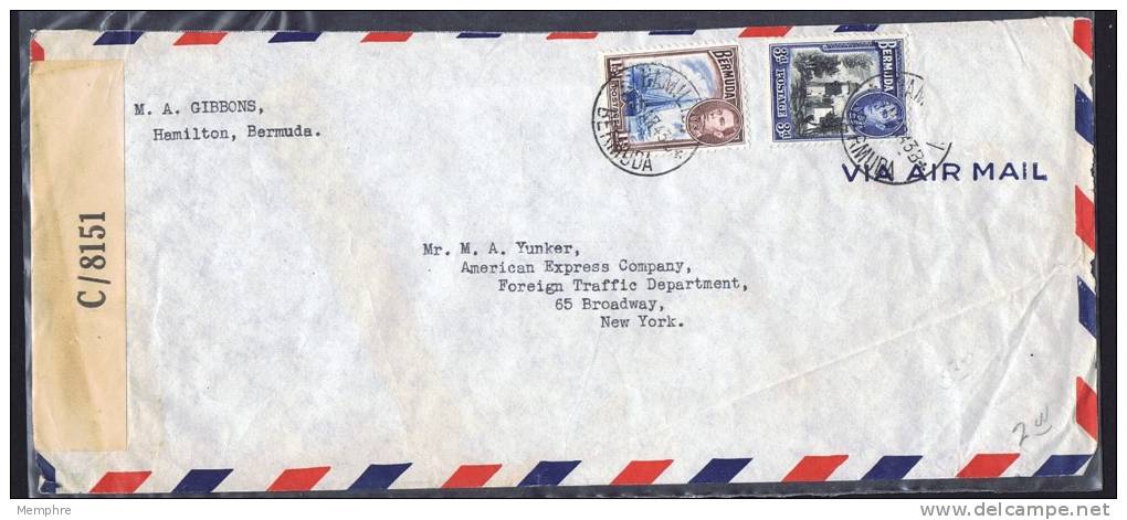 1943  Censored Air Mail Letter To USA  SG 111a, 114a - Bermudes