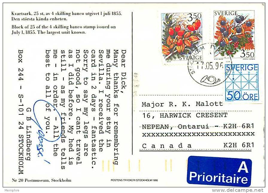 SWEDEN 4 Skillings Banco, Block Of 25 Postmuseum, Stockholm   Used To Canada - Timbres (représentations)