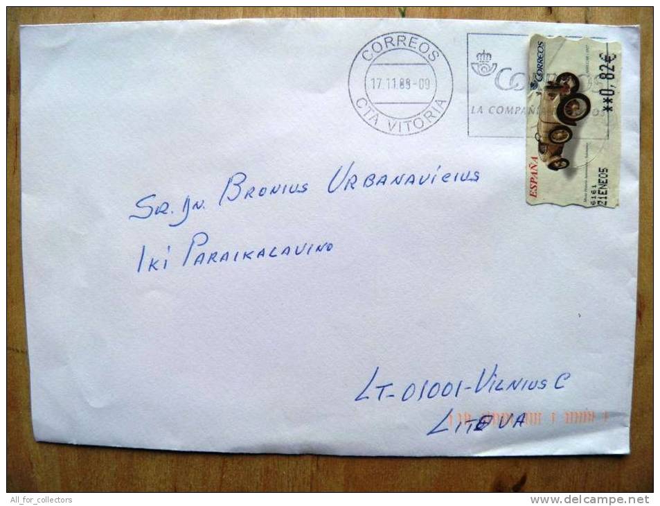 Cover Sent From Spain To Lithuania, ATM Stamp Car Auto Amilcar - Storia Postale