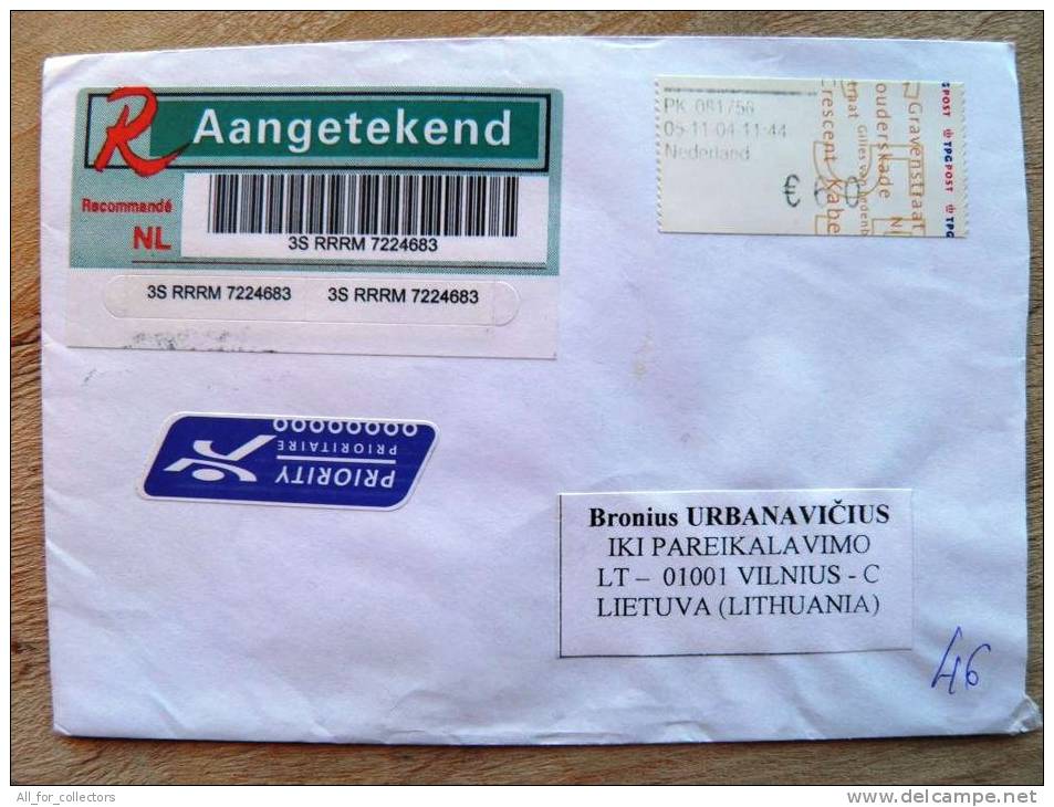 Cover Sent From Netherlands To Lithuania,  ATM Label Euro6.00 Registered - Máquinas Franqueo (EMA)