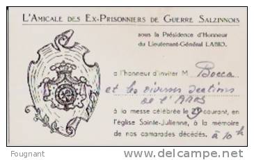 BELGIQUE:NAMUR(SALZINNES) :09/101949.Amicale DesEX-PRISONNIERS De Guerre Salzinnois.Invitation Pour Messe. - Programmes