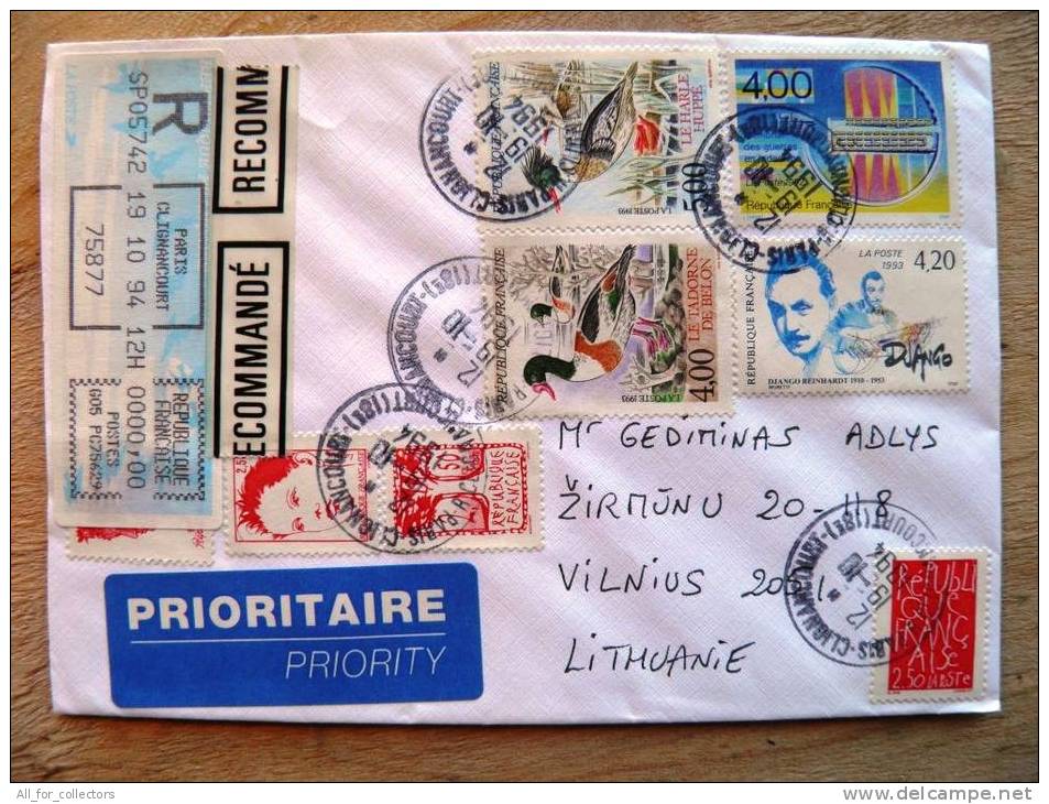 Registered Cover Sent From France To Lithuania,  ATM Label, Animals Bird Ducks Oiseaux, Music Django - Lettres & Documents
