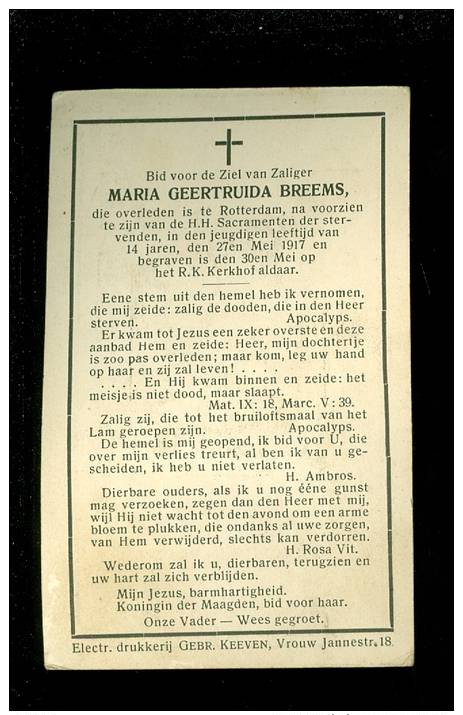 Doodsprentje ( 7520 )  Kind 14 Jaar   Breems  -  Rotterdam ( Holland )   1917 - Images Religieuses