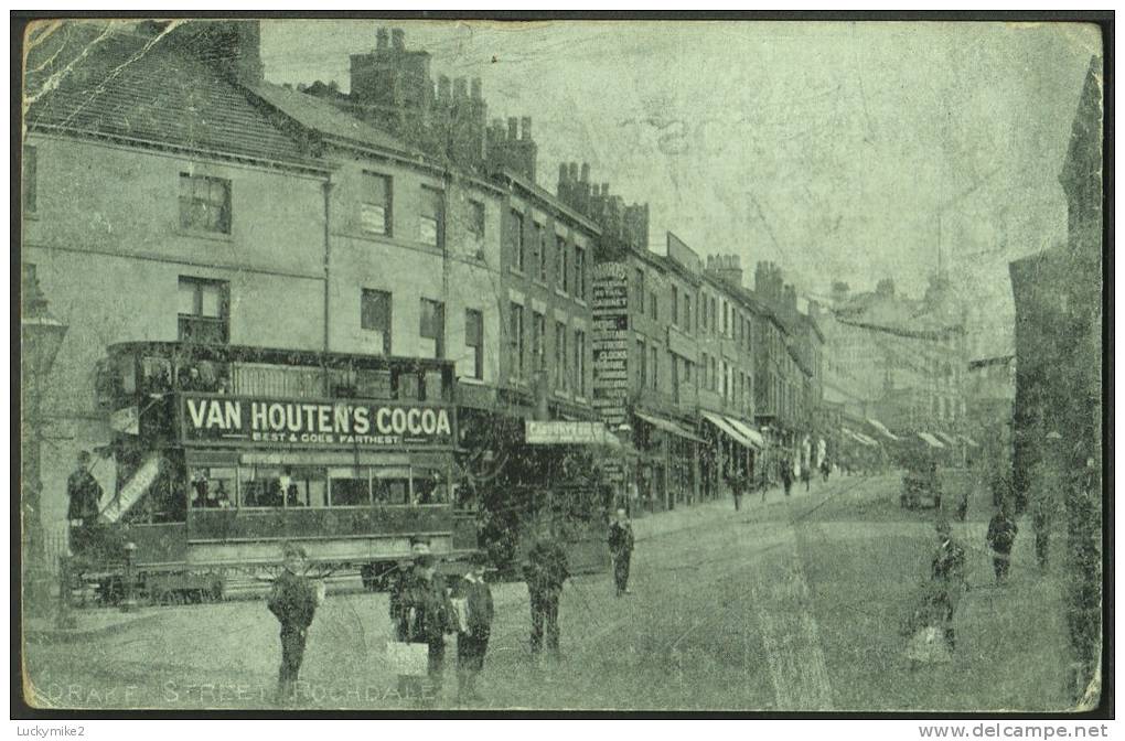 "Drake Street, Rochdale",   Posted 1903 (partial "LITTLEBOROUGH" Sq.circle).   (tram, Advert) - Altri & Non Classificati