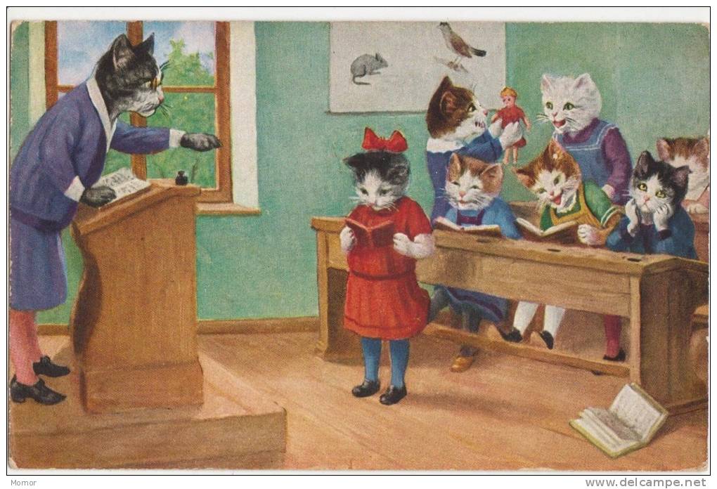 CARTE FANTAISIE  CHATS  A L'ECOLE - Animaux Habillés