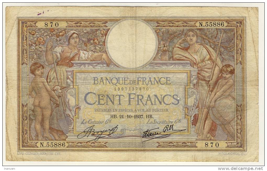 100  Francs  -   Merson  -  21/10/1937  -  P.86b  -  Alphabet N.55886  - Fayette N° 25/3  - Date Rare - 100 F 1908-1939 ''Luc Olivier Merson''