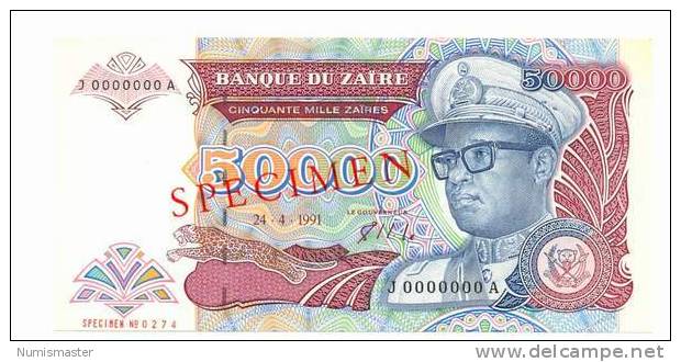 ZAIRE , 50 000 ZAIRES 24.4.1991. UNC , SPECIMEN - Zaire