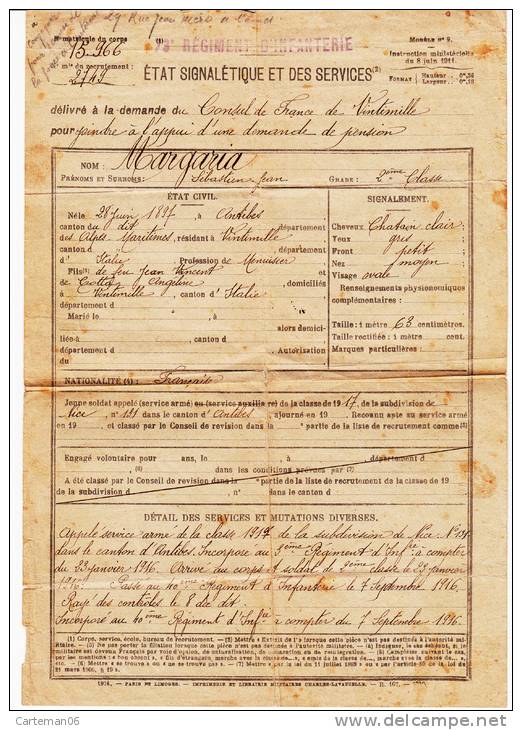 Etat Signalétique Et Services + Lettre, Soldat Mort Au Front 1918, 73e Régiment D´Infanterie( Béthune, Antibes, Nice) - Documents
