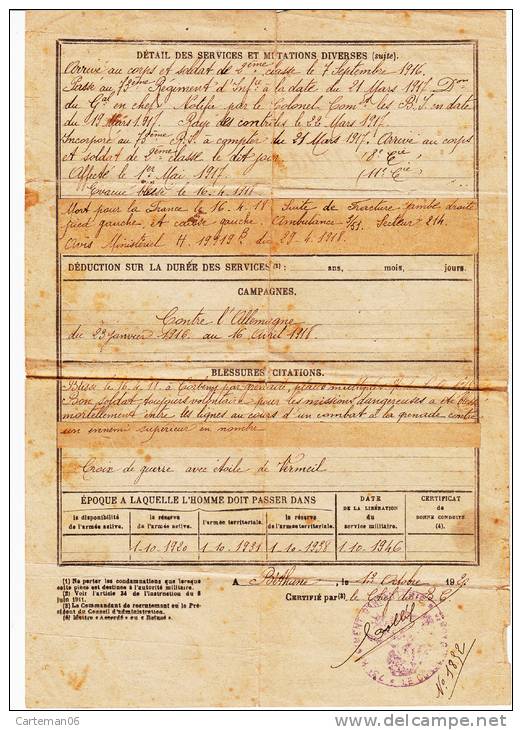 Etat Signalétique Et Services + Lettre, Soldat Mort Au Front 1918, 73e Régiment D´Infanterie( Béthune, Antibes, Nice) - Documents