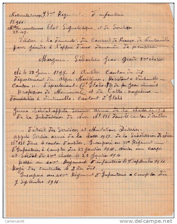 Etat Signalétique Et Services + Lettre, Soldat Mort Au Front 1918, 73e Régiment D´Infanterie( Béthune, Antibes, Nice) - Documents