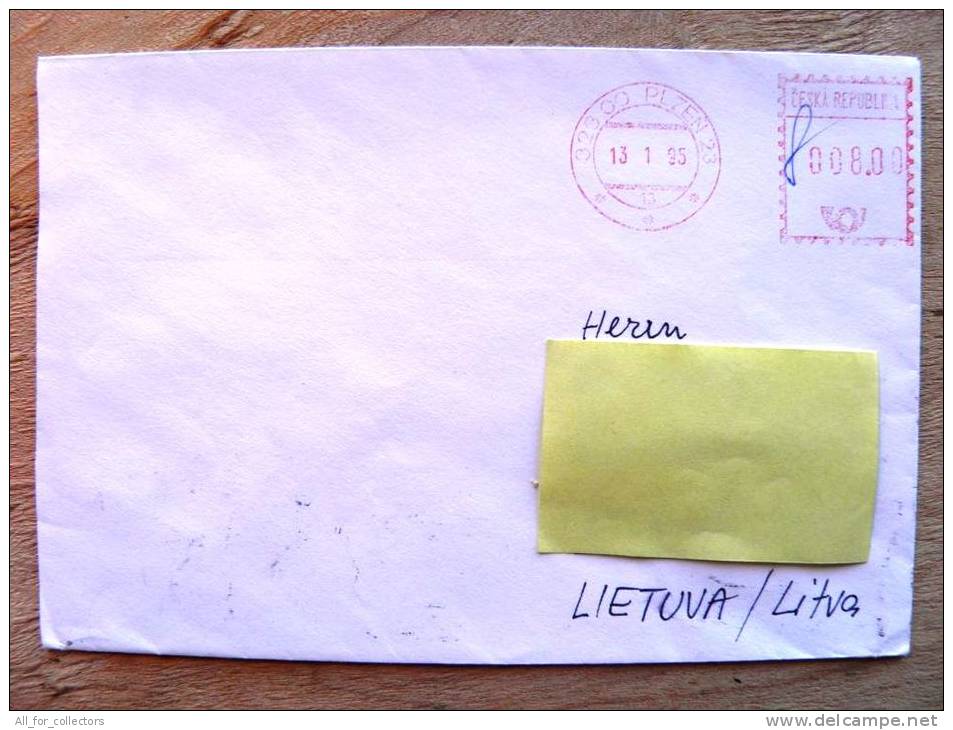 Cover Sent From Czech To Lithuania,  ATM Machine Red Stamp 1995 Plzen - Lettres & Documents