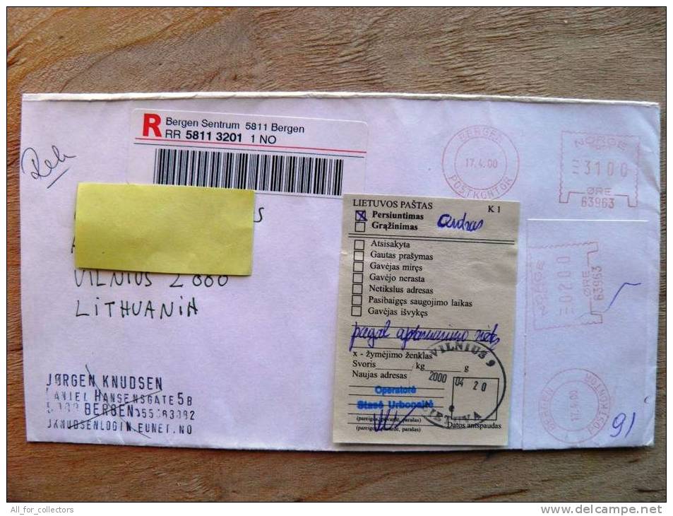 Cover Sent From Norway To Lithuania,  2 ATM Machine Red Stamps, 2000, Bergen, Note From Lithuania - Automatenmarken [ATM]