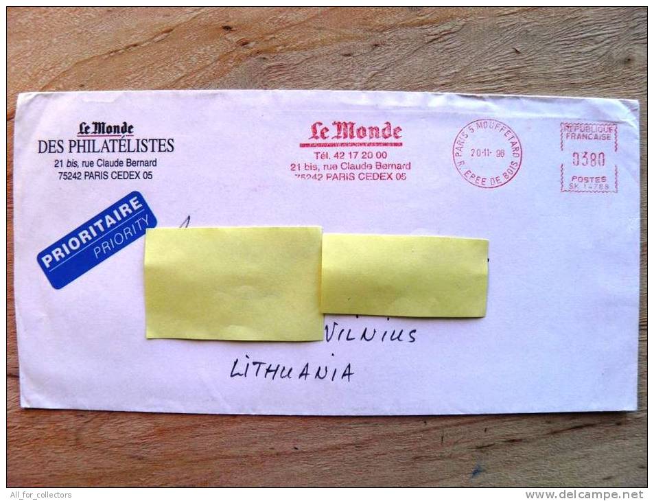 Cover Sent From France To Lithuania,  ATM Machine Red Stamp, 1996, Le Monde - Brieven En Documenten