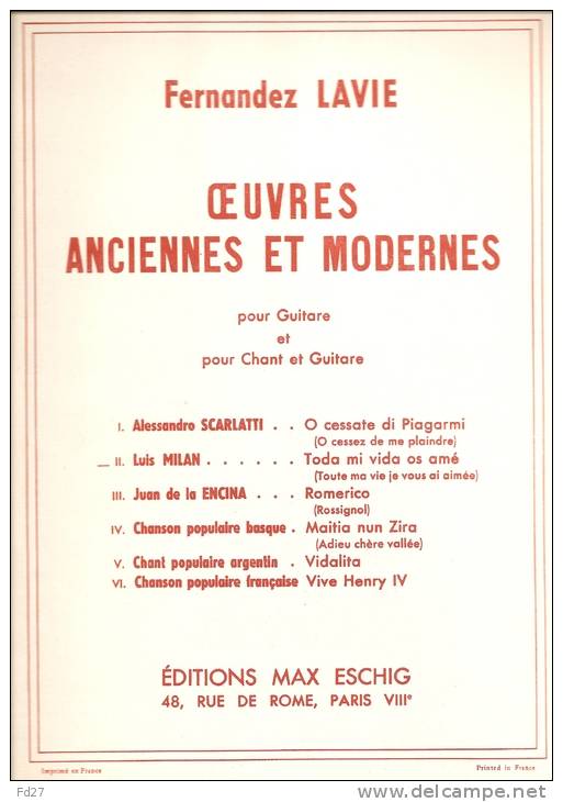 PARTITION DE FERNANDEZ LAVIE: OEUVRES ANCIENNES ET MODERNES - POUR GUITARE ET CHANT ET GUITARE - J-L