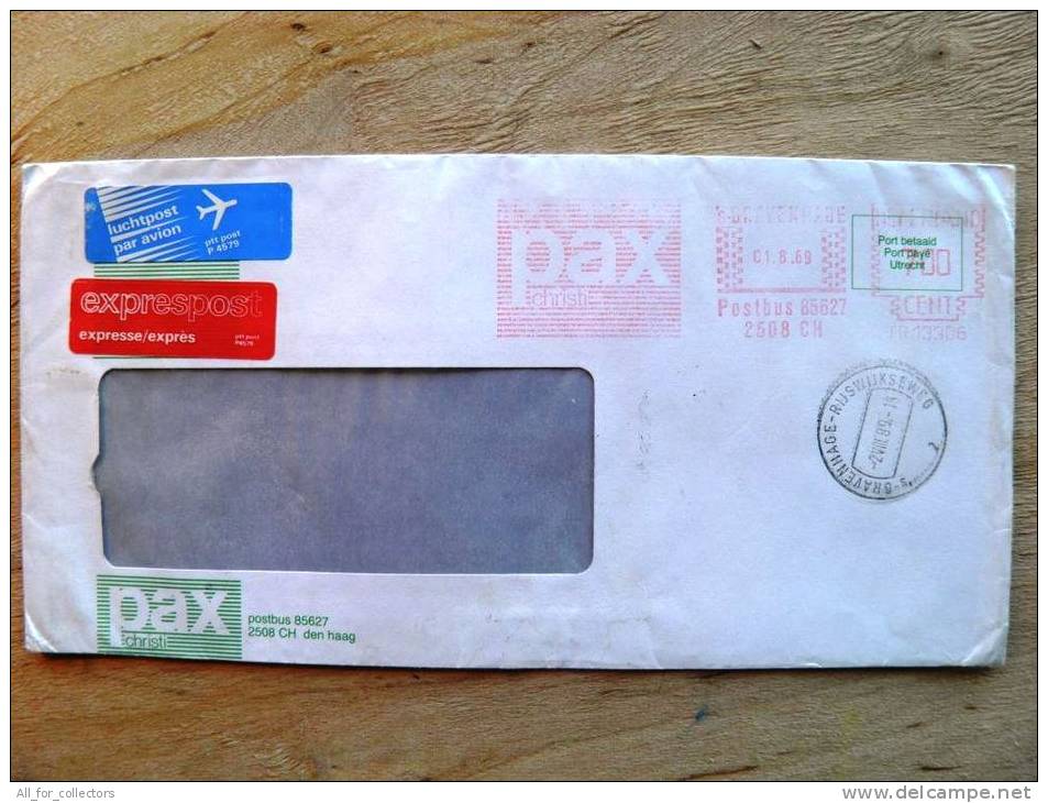 Cover Sent From Netherlands To Lithuania,  ATM Machine Red Stamp, 1989, Pax Christi, Expres - Machines à Affranchir (EMA)