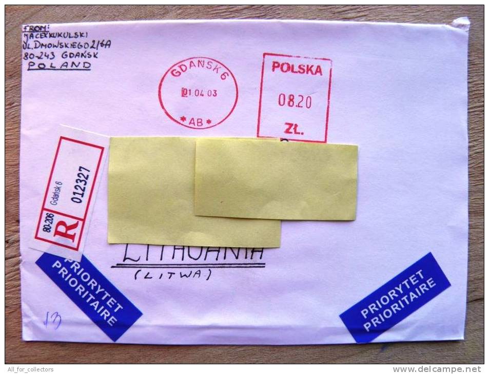 Cover Sent From Poland To Lithuania,  ATM Machine Red Stamp, 2003 Gdansk, Registered - Machines à Affranchir (EMA)