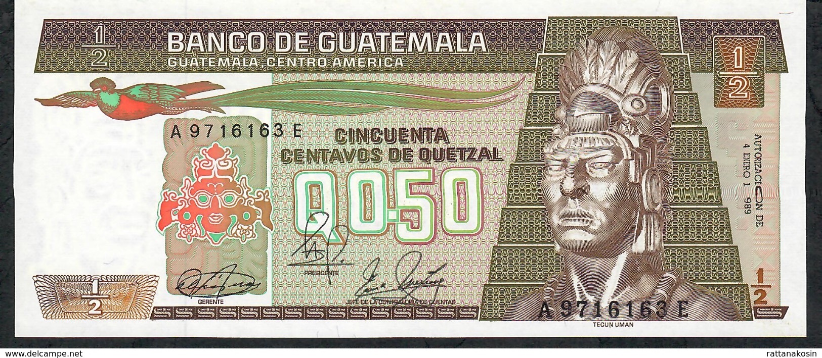 GUATEMALA  P65 1/2 QUETZAL 4.1.1989 G & D  Attention à L'imprimeur !! UNC. - Guatemala