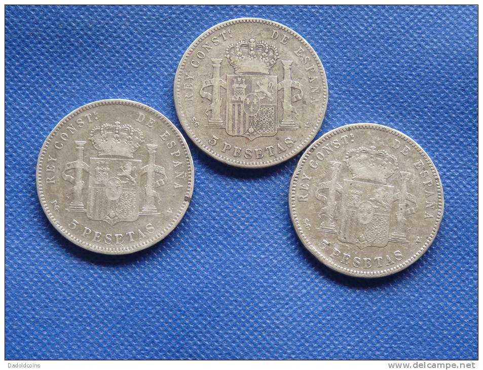 Espagne Spain Lot 3x 5 Pesetas Argent Silver 25g 0,900 Alfonso XIII 1896-97-98 Voyez étoiles+conservation Sur Images - Colecciones
