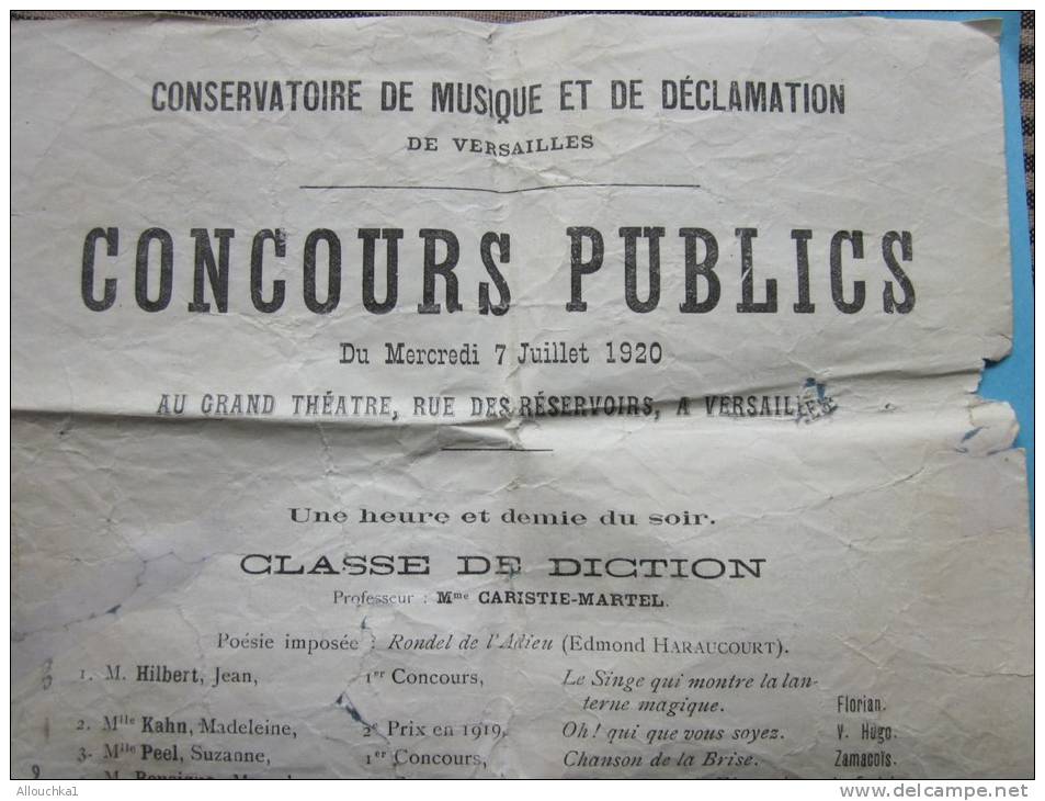 Musique Affiche: Conservatoire De Musique Et Déclamation:théâtre R. Des Réservoir Versailles-concours Public 7/7/1920 - Plakate & Poster