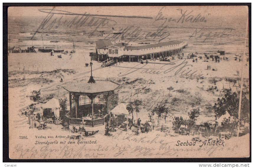 AK Seebad Ahlbeck, Strandpartie Mit Dem Herrenbad, Gel 1905 - Usedom