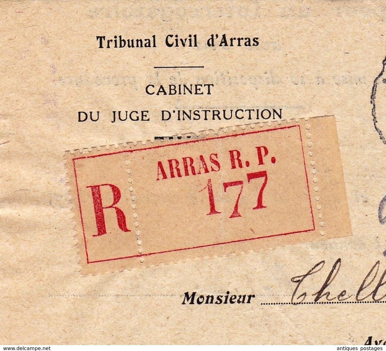 Lettre 1944 Recommandé Arras Pas De Calais Iris 4F Tribunal Civil THELLIER De PONCHEVILLE Avocat - 1961-....