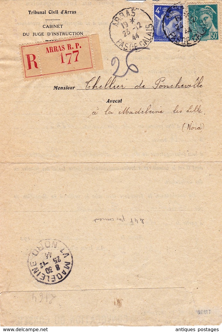 Lettre 1944 Recommandé Arras Pas De Calais Iris 4F Tribunal Civil THELLIER De PONCHEVILLE Avocat - 1961-....