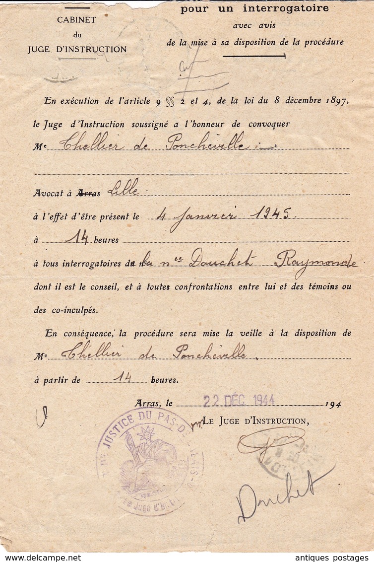 Lettre 1944 Recommandé Arras Pas De Calais Iris 4F Tribunal Civil THELLIER De PONCHEVILLE Avocat - 1961-....