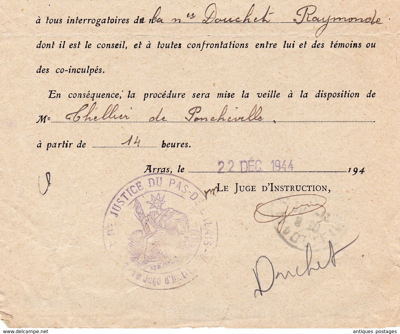 Lettre 1944 Recommandé Arras Pas de Calais Iris 4F Tribunal Civil THELLIER de PONCHEVILLE Avocat