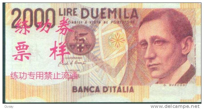 BOC (Bank Of China) Training Banknote, Italia 2000 Lire Banknote Specimen Overprint - Andere & Zonder Classificatie