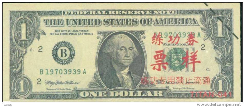 BOC (Bank Of China) Training Banknote,USA 1 Dollar Banknote Specimen Overprint - Autres & Non Classés