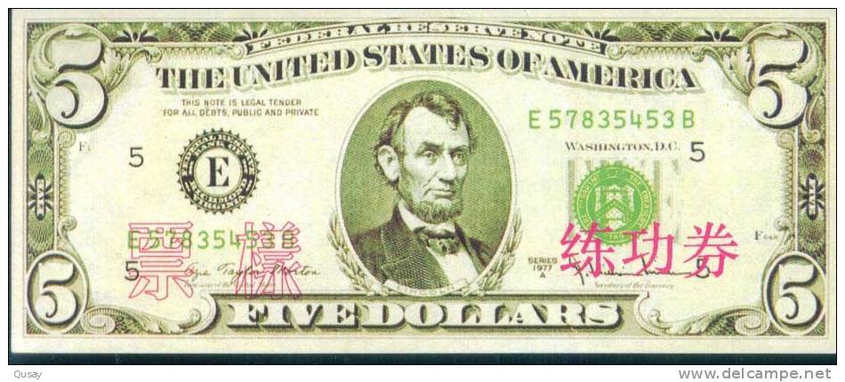 BOC (Bank Of China) Training Banknote,USA 5 Dollar Banknote Specimen Overprint - Other & Unclassified