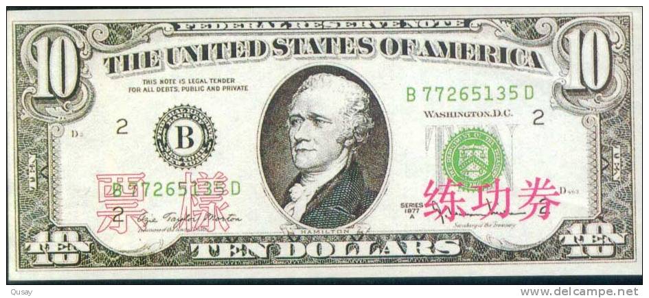 BOC (Bank Of China) Training Banknote,USA 10 Dollar Banknote Specimen Overprint - Altri & Non Classificati