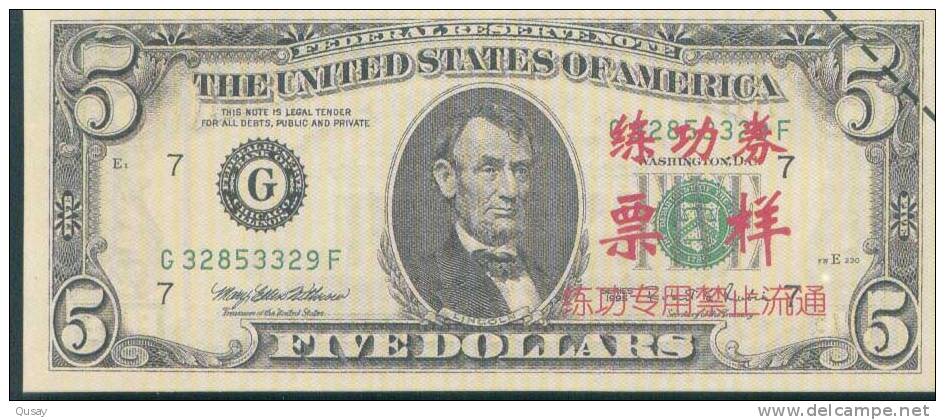 BOC (Bank Of China) Training Banknote,USA 5 Dollar Banknote Specimen Overprint - Autres & Non Classés