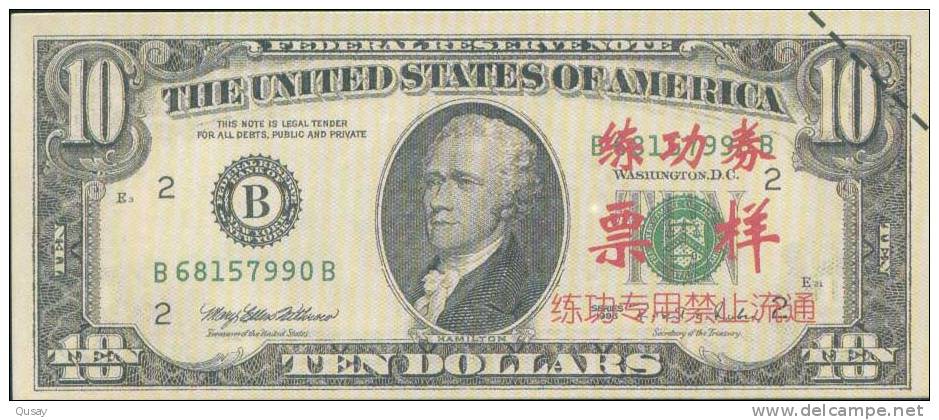 BOC (Bank Of China) Training Banknote,USA 10 Dollar Banknote Specimen Overprint - Autres & Non Classés
