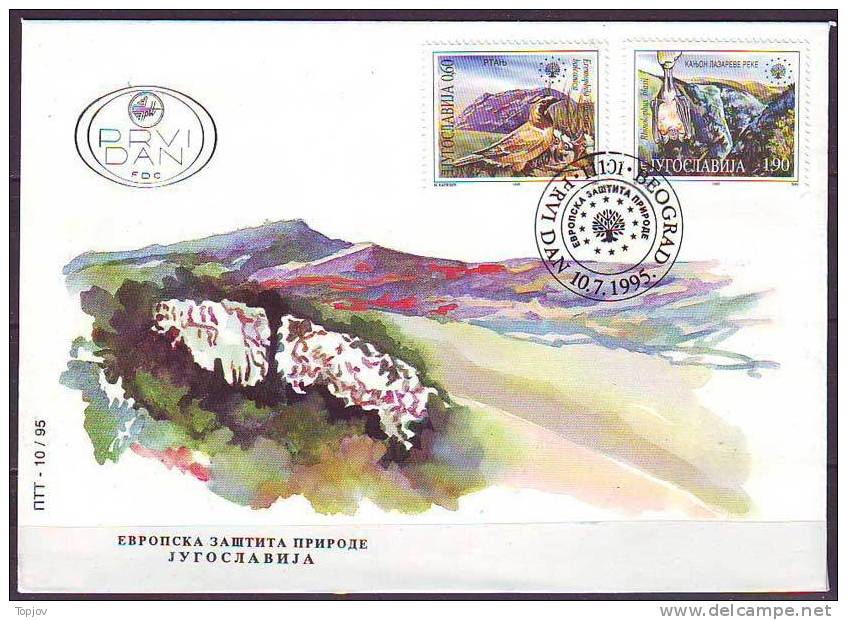 YUGOSLAVIA - JUGOSLAVIJA - FDC - PROTECT NATURE - MOUNTAINS - RIVER CANYON - CAVES - BATS - BIRDS  - 1995 - Chauve-souris