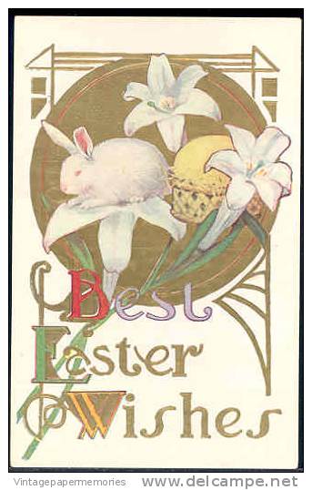 100565-Easter, Unknown Pub No 536, White Rabbit Sitting On Lily Flower, Art Nouveau Style, Embossed - Easter