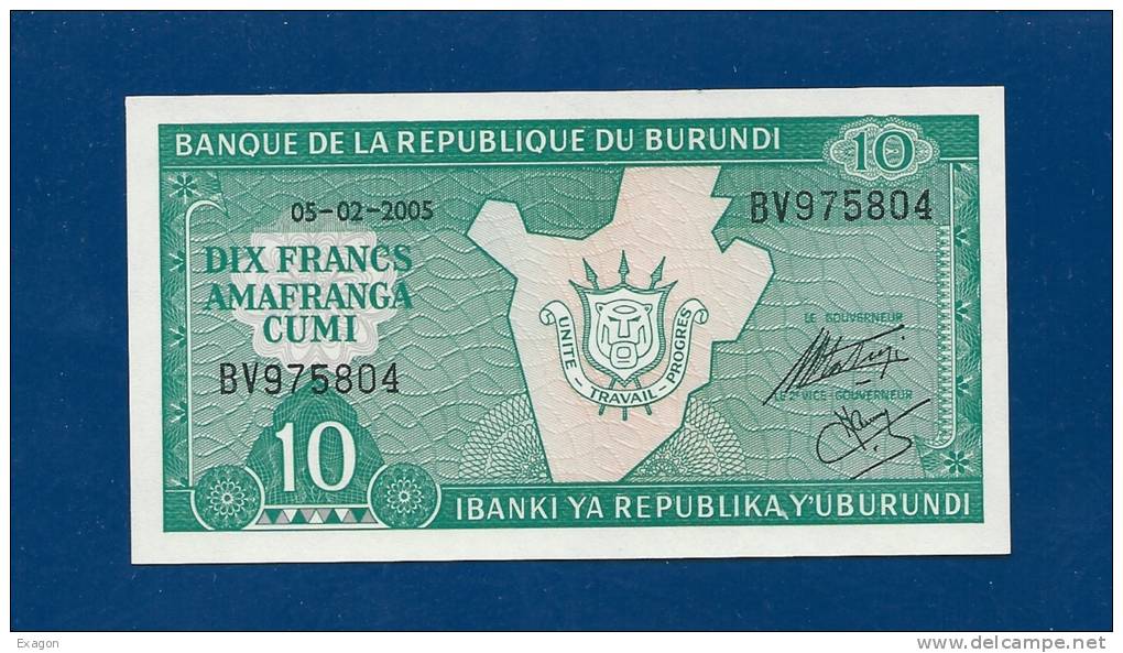 BANCONOTA  Da  10  FRANCS  Amafranca  Cumi -  BURUNDI  - Anno 2005. - Burundi