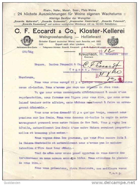 Lettre  29/12/1912  -  KREUZNACH  Allemagne  Vers  COGNAC  -  C.F.  ECCARDT ,  KLOSTER -  KELLEREI  à  L.  FOUCAULD - 1900 – 1949