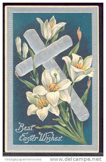 106863-Easter, AMB, Silver Cross Lying On Lily Flowers, Embossed Litho - Pascua