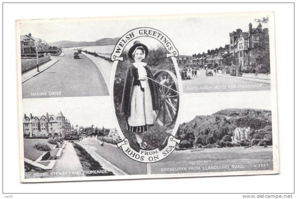 Wales - Rhos On Sea - Welsh Greetings - Mosaic Postcard - Old Car - Marine Drive - Rhos Abbey Hotel - 1957 - Contea Sconosciuta